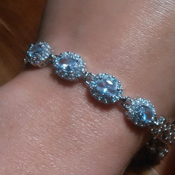 Simulated Blue and White Diamond Silvertone Brass Bracelet - Picture 13 of 15